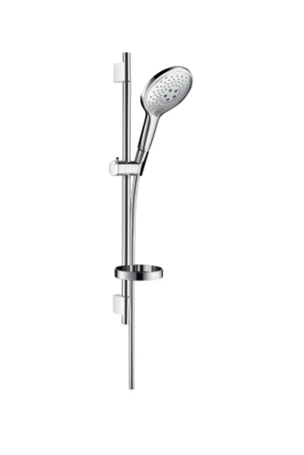 Hansgrohe Brauseset mit handgehaltener Brause und Halterung, montiert an einer vertikalen Stange, enthalten eine Seifenschale aus Chrom.